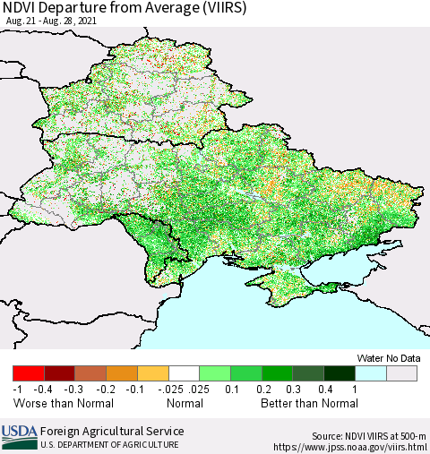 Ukraine, Moldova and Belarus NDVI Departure from Average (VIIRS) Thematic Map For 8/21/2021 - 8/31/2021
