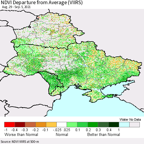 Ukraine, Moldova and Belarus NDVI Departure from Average (VIIRS) Thematic Map For 8/29/2021 - 9/5/2021