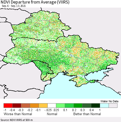 Ukraine, Moldova and Belarus NDVI Departure from Average (VIIRS) Thematic Map For 9/6/2021 - 9/13/2021