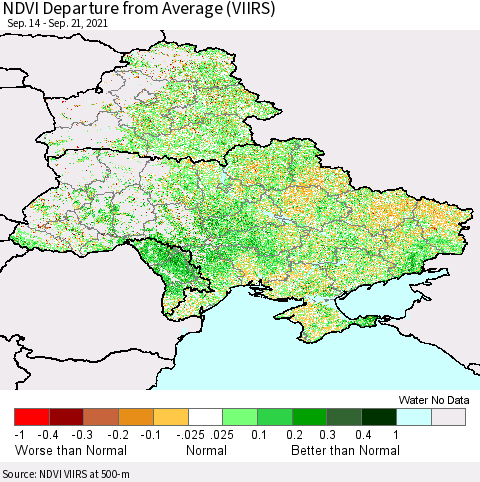 Ukraine, Moldova and Belarus NDVI Departure from Average (VIIRS) Thematic Map For 9/14/2021 - 9/21/2021