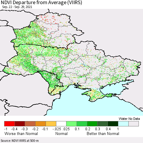 Ukraine, Moldova and Belarus NDVI Departure from Average (VIIRS) Thematic Map For 9/22/2021 - 9/29/2021