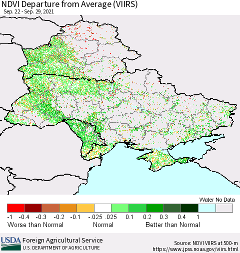 Ukraine, Moldova and Belarus NDVI Departure from Average (VIIRS) Thematic Map For 9/21/2021 - 9/30/2021