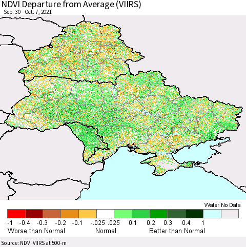 Ukraine, Moldova and Belarus NDVI Departure from Average (VIIRS) Thematic Map For 9/30/2021 - 10/7/2021