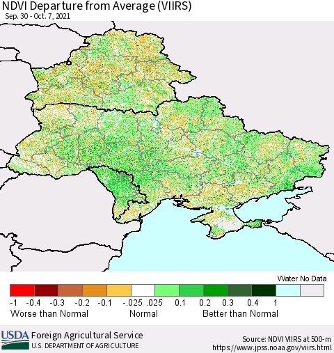 Ukraine, Moldova and Belarus NDVI Departure from Average (VIIRS) Thematic Map For 10/1/2021 - 10/10/2021