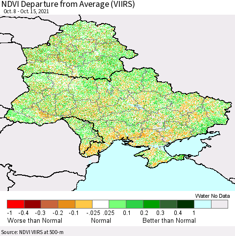 Ukraine, Moldova and Belarus NDVI Departure from Average (VIIRS) Thematic Map For 10/8/2021 - 10/15/2021