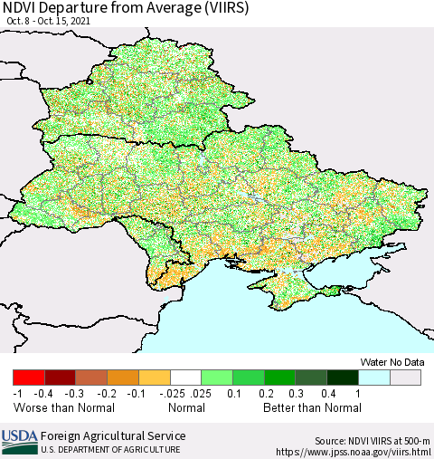 Ukraine, Moldova and Belarus NDVI Departure from Average (VIIRS) Thematic Map For 10/11/2021 - 10/20/2021