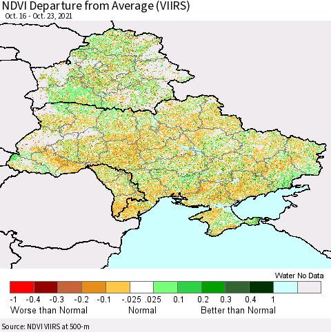 Ukraine, Moldova and Belarus NDVI Departure from Average (VIIRS) Thematic Map For 10/16/2021 - 10/23/2021