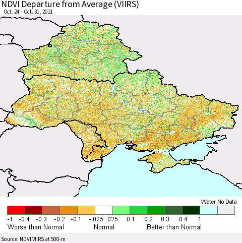 Ukraine, Moldova and Belarus NDVI Departure from Average (VIIRS) Thematic Map For 10/21/2021 - 10/31/2021