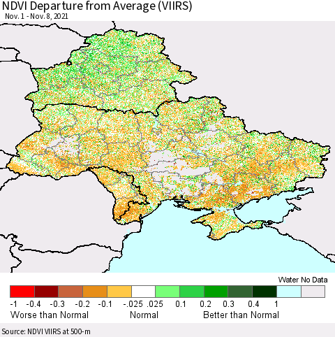 Ukraine, Moldova and Belarus NDVI Departure from Average (VIIRS) Thematic Map For 11/1/2021 - 11/8/2021