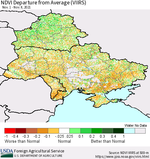 Ukraine, Moldova and Belarus NDVI Departure from Average (VIIRS) Thematic Map For 11/1/2021 - 11/10/2021