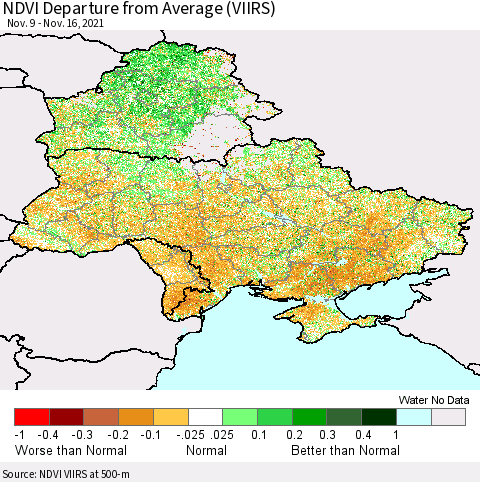Ukraine, Moldova and Belarus NDVI Departure from Average (VIIRS) Thematic Map For 11/9/2021 - 11/16/2021