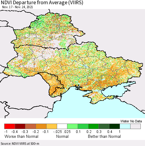 Ukraine, Moldova and Belarus NDVI Departure from Average (VIIRS) Thematic Map For 11/17/2021 - 11/24/2021