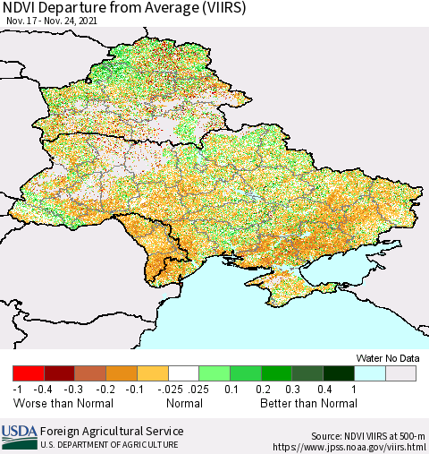 Ukraine, Moldova and Belarus NDVI Departure from Average (VIIRS) Thematic Map For 11/21/2021 - 11/30/2021