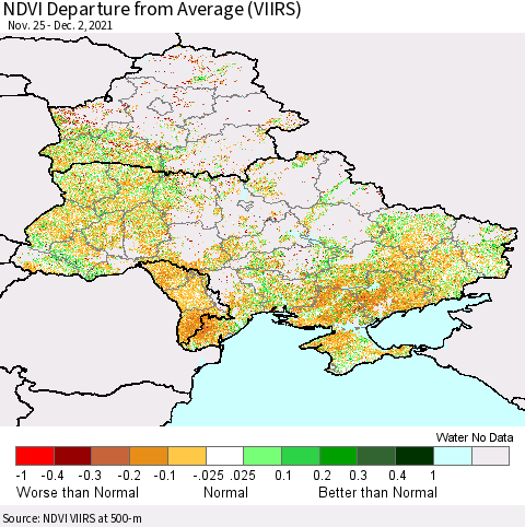 Ukraine, Moldova and Belarus NDVI Departure from Average (VIIRS) Thematic Map For 11/25/2021 - 12/2/2021