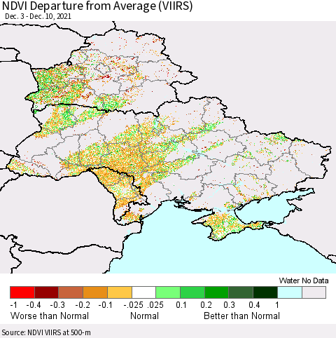 Ukraine, Moldova and Belarus NDVI Departure from Average (VIIRS) Thematic Map For 12/1/2021 - 12/10/2021