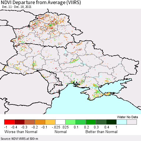 Ukraine, Moldova and Belarus NDVI Departure from Average (VIIRS) Thematic Map For 12/11/2021 - 12/18/2021