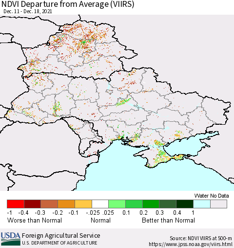 Ukraine, Moldova and Belarus NDVI Departure from Average (VIIRS) Thematic Map For 12/11/2021 - 12/20/2021