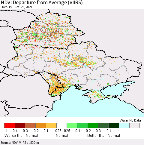Ukraine, Moldova and Belarus NDVI Departure from Average (VIIRS) Thematic Map For 12/19/2021 - 12/26/2021