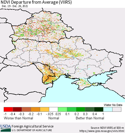 Ukraine, Moldova and Belarus NDVI Departure from Average (VIIRS) Thematic Map For 12/21/2021 - 12/31/2021