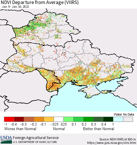 Ukraine, Moldova and Belarus NDVI Departure from Average (VIIRS) Thematic Map For 1/11/2022 - 1/20/2022