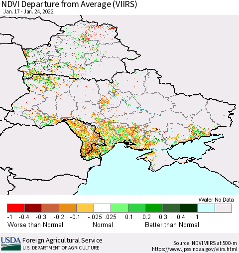 Ukraine, Moldova and Belarus NDVI Departure from Average (VIIRS) Thematic Map For 1/21/2022 - 1/31/2022