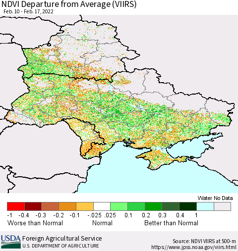 Ukraine, Moldova and Belarus NDVI Departure from Average (VIIRS) Thematic Map For 2/11/2022 - 2/20/2022