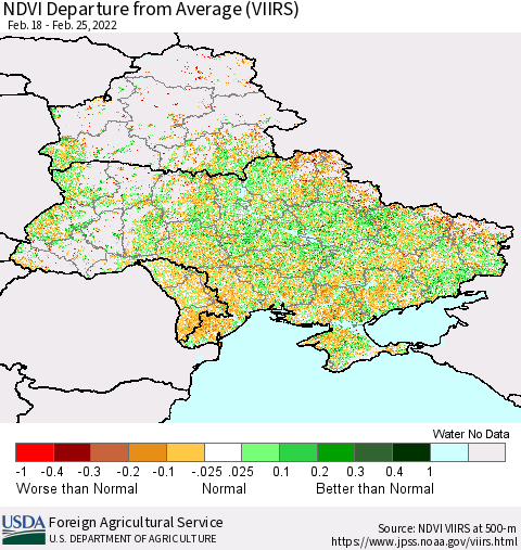 Ukraine, Moldova and Belarus NDVI Departure from Average (VIIRS) Thematic Map For 2/21/2022 - 2/28/2022