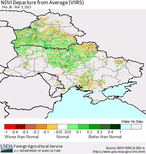 Ukraine, Moldova and Belarus NDVI Departure from Average (VIIRS) Thematic Map For 3/1/2022 - 3/10/2022