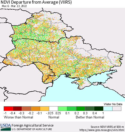 Ukraine, Moldova and Belarus NDVI Departure from Average (VIIRS) Thematic Map For 3/11/2022 - 3/20/2022
