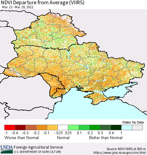 Ukraine, Moldova and Belarus NDVI Departure from Average (VIIRS) Thematic Map For 3/21/2022 - 3/31/2022