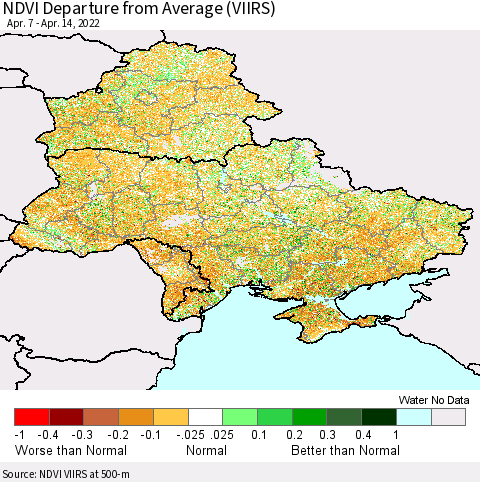 Ukraine, Moldova and Belarus NDVI Departure from Average (VIIRS) Thematic Map For 4/7/2022 - 4/14/2022