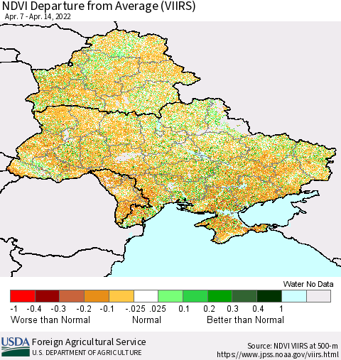 Ukraine, Moldova and Belarus NDVI Departure from Average (VIIRS) Thematic Map For 4/11/2022 - 4/20/2022