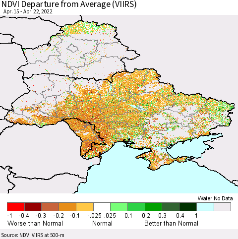 Ukraine, Moldova and Belarus NDVI Departure from Average (VIIRS) Thematic Map For 4/15/2022 - 4/22/2022