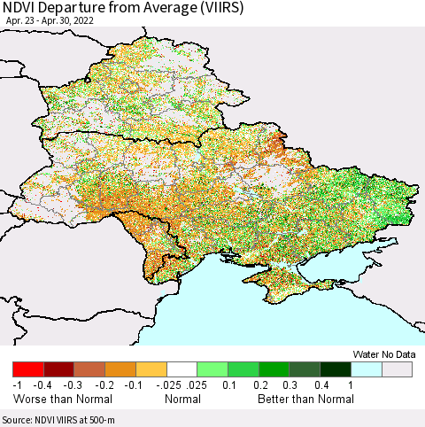 Ukraine, Moldova and Belarus NDVI Departure from Average (VIIRS) Thematic Map For 4/21/2022 - 4/30/2022