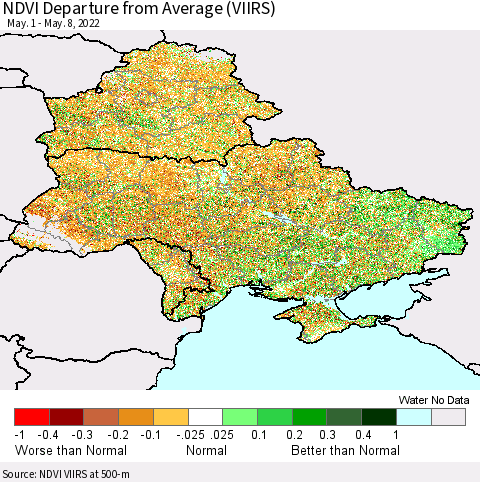 Ukraine, Moldova and Belarus NDVI Departure from Average (VIIRS) Thematic Map For 5/1/2022 - 5/8/2022