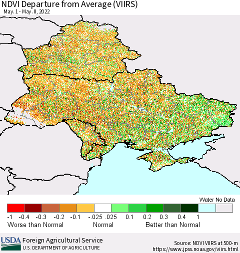 Ukraine, Moldova and Belarus NDVI Departure from Average (VIIRS) Thematic Map For 5/1/2022 - 5/10/2022