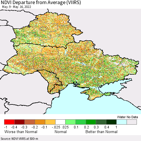 Ukraine, Moldova and Belarus NDVI Departure from Average (VIIRS) Thematic Map For 5/9/2022 - 5/16/2022