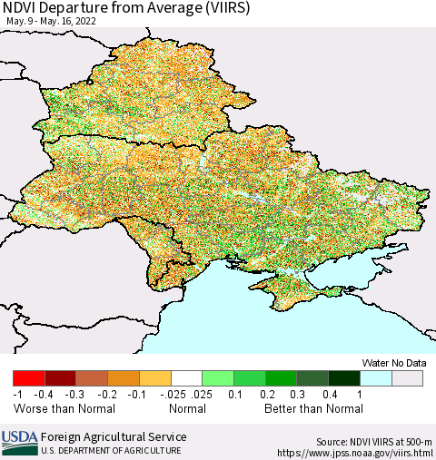 Ukraine, Moldova and Belarus NDVI Departure from Average (VIIRS) Thematic Map For 5/11/2022 - 5/20/2022