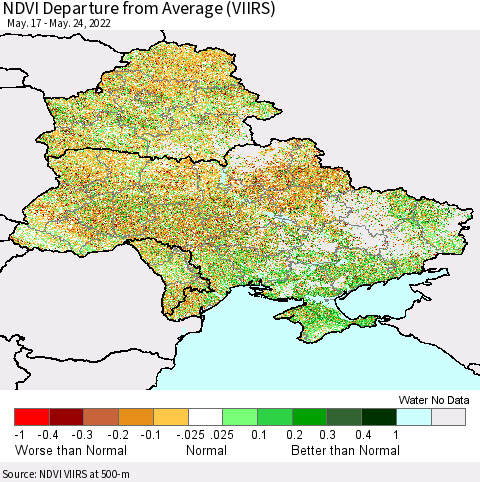 Ukraine, Moldova and Belarus NDVI Departure from Average (VIIRS) Thematic Map For 5/17/2022 - 5/24/2022