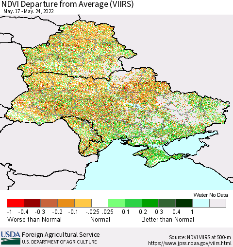 Ukraine, Moldova and Belarus NDVI Departure from Average (VIIRS) Thematic Map For 5/21/2022 - 5/31/2022