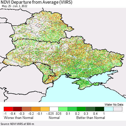 Ukraine, Moldova and Belarus NDVI Departure from Average (VIIRS) Thematic Map For 5/25/2022 - 6/1/2022