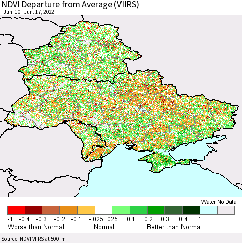 Ukraine, Moldova and Belarus NDVI Departure from Average (VIIRS) Thematic Map For 6/10/2022 - 6/17/2022