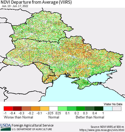 Ukraine, Moldova and Belarus NDVI Departure from Average (VIIRS) Thematic Map For 6/11/2022 - 6/20/2022