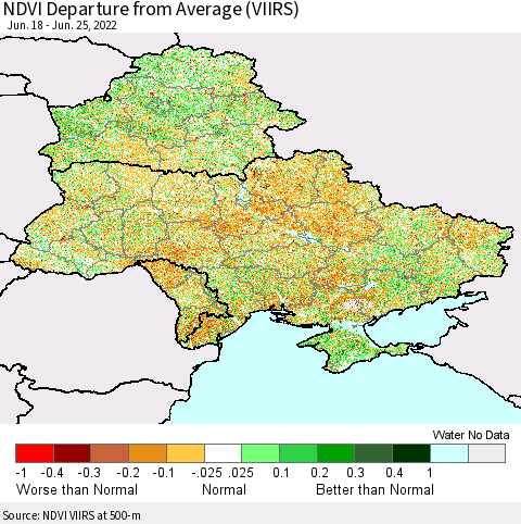 Ukraine, Moldova and Belarus NDVI Departure from Average (VIIRS) Thematic Map For 6/18/2022 - 6/25/2022