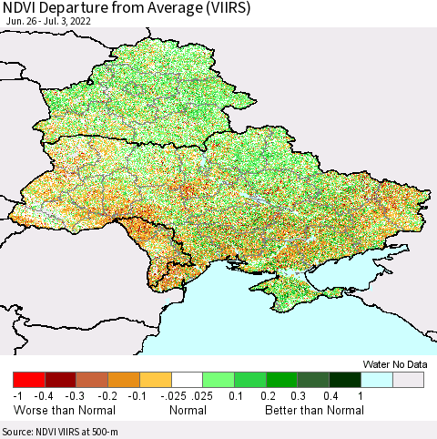 Ukraine, Moldova and Belarus NDVI Departure from Average (VIIRS) Thematic Map For 6/26/2022 - 7/3/2022