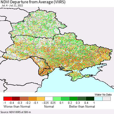Ukraine, Moldova and Belarus NDVI Departure from Average (VIIRS) Thematic Map For 7/4/2022 - 7/11/2022