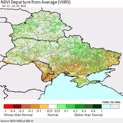 Ukraine, Moldova and Belarus NDVI Departure from Average (VIIRS) Thematic Map For 7/12/2022 - 7/19/2022