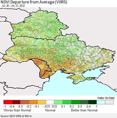 Ukraine, Moldova and Belarus NDVI Departure from Average (VIIRS) Thematic Map For 7/20/2022 - 7/27/2022