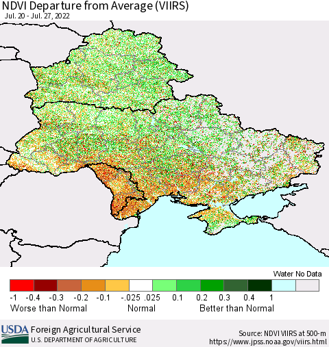 Ukraine, Moldova and Belarus NDVI Departure from Average (VIIRS) Thematic Map For 7/21/2022 - 7/31/2022