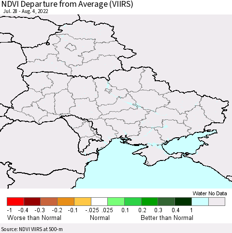 Ukraine, Moldova and Belarus NDVI Departure from Average (VIIRS) Thematic Map For 7/28/2022 - 8/4/2022